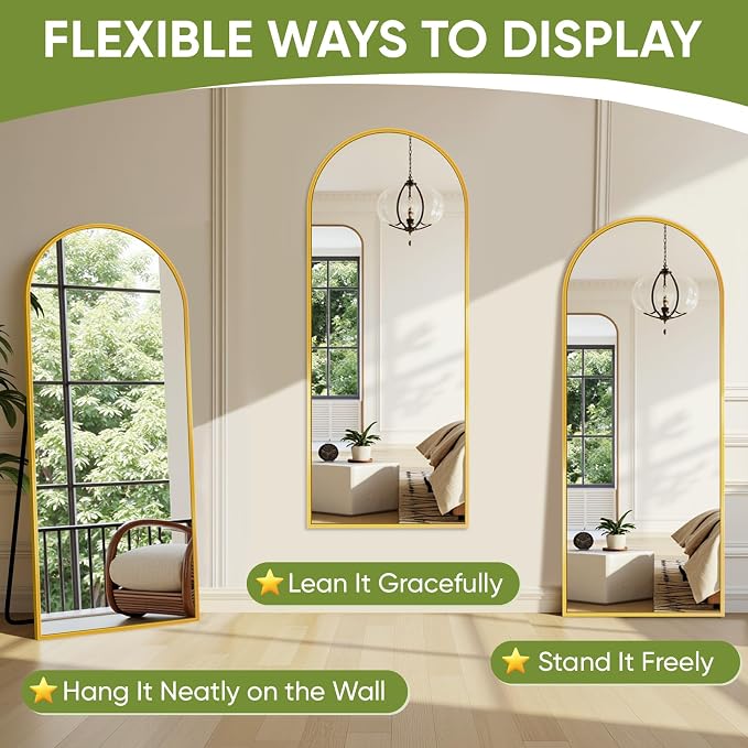 Full-Length Floor Mirror with Stand, 58"x18" Arched Style Full Body Standing Mirror for Bedroom, Living Room, Gym, Dorm - Shatter-Resistant & Easy Assembly, Gold