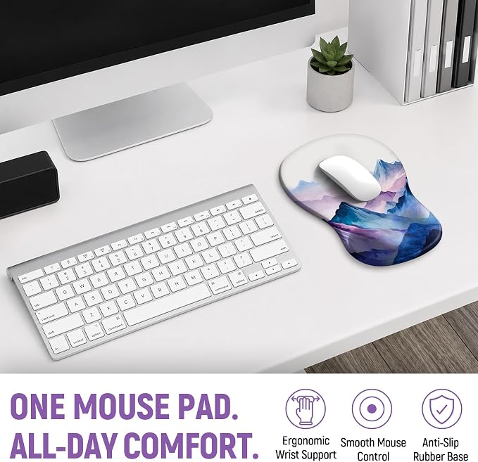 Ergonomic Mouse Pad with Wrist Rest, Gel Wrist Support, Peaks | 10.2 x 7.6 in Mouse Pad with Smooth Fabric Surface and Non-Slip Rubber Base for Office, Home, Study, and Gaming