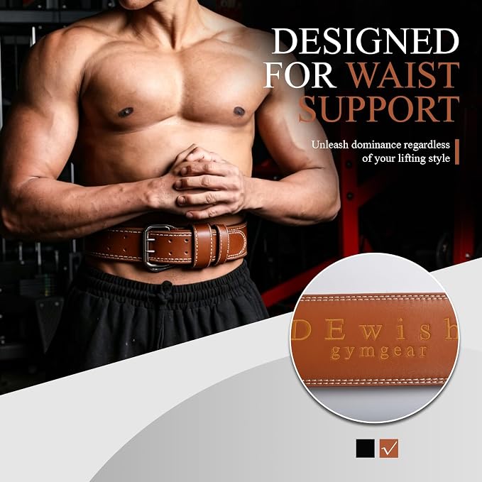 Leather Weightlifting Belt, 10 Adjustable Holes, 4”Width, Double Prong Power Belt for Gym Bodybuilding, weightlifting, powerlifting, squats and deadlifts