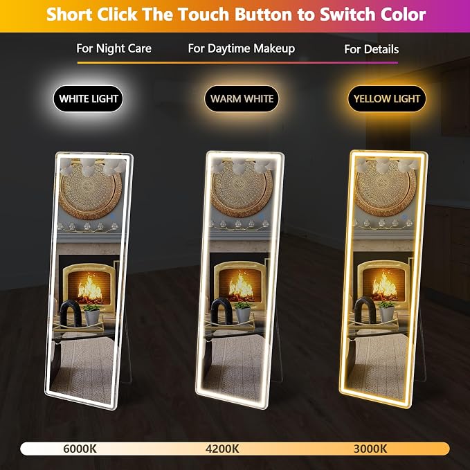 Sweetcrispy LED Full Length Floor Mirror, 65"x21" Lighted Full Body Mirror | Standing Mirror with Dimming & 3 Color Lighting, Shatterproof Tempered Glass, Wall Hanging or Leaning for Home Decor, White