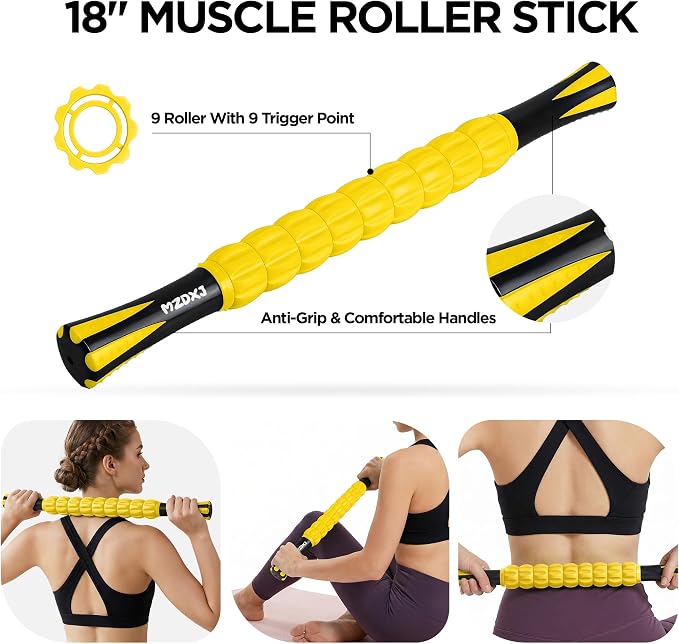 Muscle Roller & Massage Roller Stick for Athletes - Lymphatic Drainage Support, Relieves Muscle Soreness, Cramping & Tightness - Targets Legs, Arms, Back & Calves （Yellow）