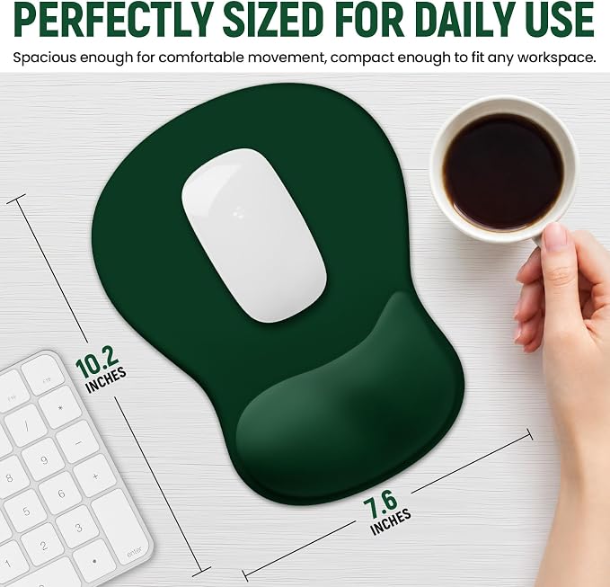 Ergonomic Mouse Pad with Wrist Rest, Gel Wrist Support, Dark Green | 10.2 x 7.6 in Mouse Pad with Smooth Fabric Surface and Non-Slip Rubber Base for Office, Home, Study, and Gaming