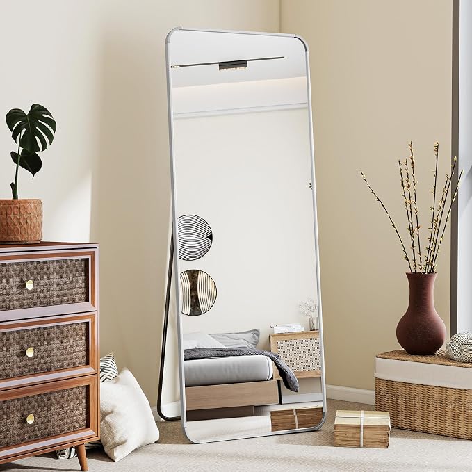 BEAUTYPEAK 56" x 21" Rounded Corner Full Length Mirror with Stand, Silver | Aluminum Alloy Frame with Standing, Leaning, or Wall-Mounted, Ideal for Bedroom, Dressing Room, Entryway, and Living Room