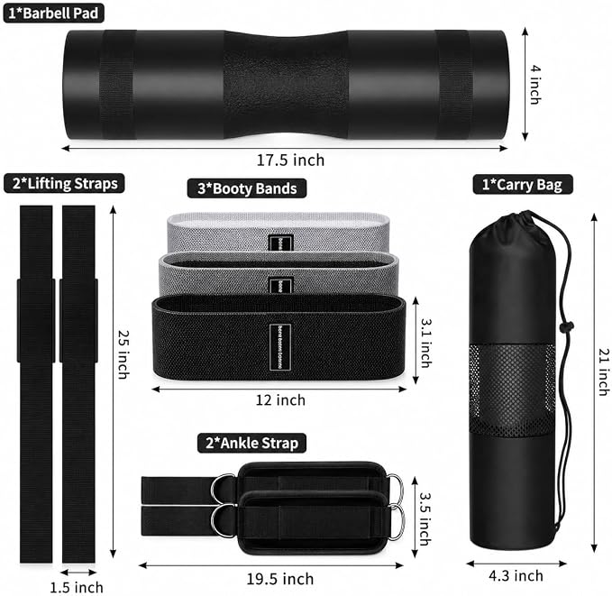 SINYWAY Barbell Pad Set for Squat,10 PCS Hip Thrusts Workout Foam Weight Lifting Bar Cushion with 2 Gym Ankle Straps,3 Hip Resistance Bands,2 Lifting Strap,Barbell Pad and Carry Bag