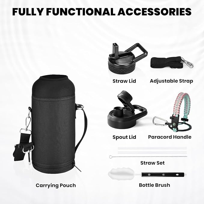 RAYMYLO Insulated Water Bottle 32 oz, Triple Wall Vacuum Stainless Steel | (Cold for 24Hrs, Hot for 12Hrs), Leak Proof & Non-BPA, Modern Water Flask Jug with Paracord Handle & Straw Spout Lids