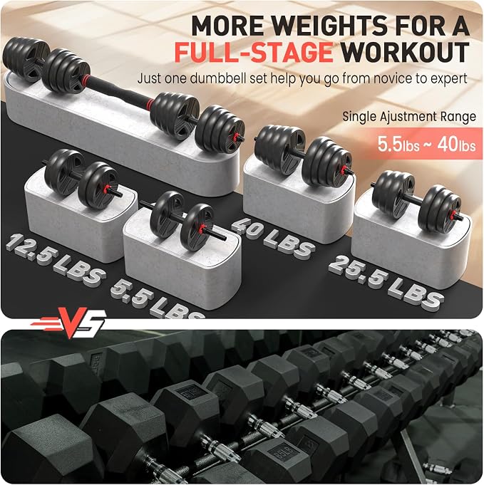 FDS4 Adjustable Dumbbell Set, 20/30/40/60/80 lb Free Weight Set with Connector, 3-in-1 Design for Dumbbell, Barbell, and Weight Plate Training, Home Gym Fitness Equipment for Men and Women