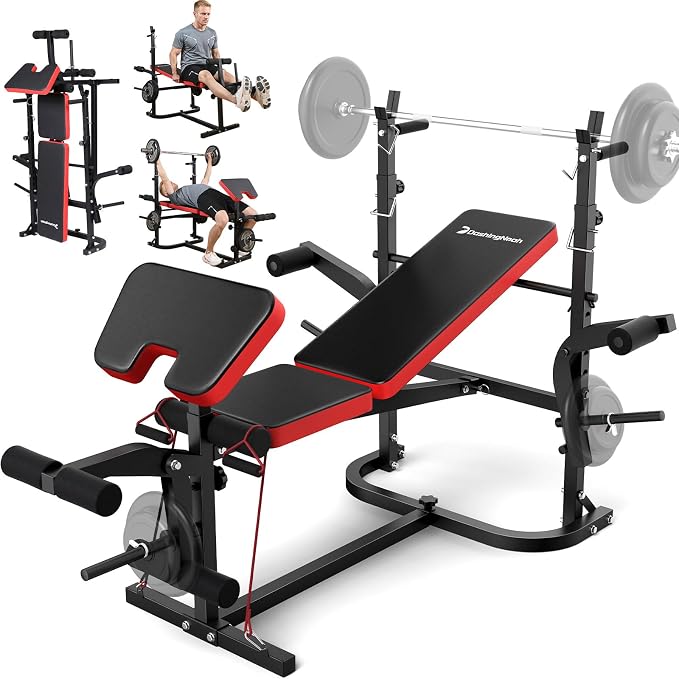 6-in-1 Foldable Weight Bench Set, 1695LBS Adjustable Workout Bench/Barbell Rack/Curl Pad, Bench Press, Leg Extension and Curl machine, Workout Fitness Equipment w/Squat Rack for Home Gym