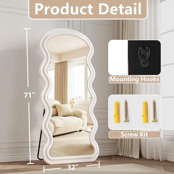 Full Length Mirror, 71"x32" Wavy Full Body Mirror Flannel | Full Body Mirror with Stand, Flannel Floor Mirrror Bedroom and Living Room, Wall Mirror Hanging or Leaning, White