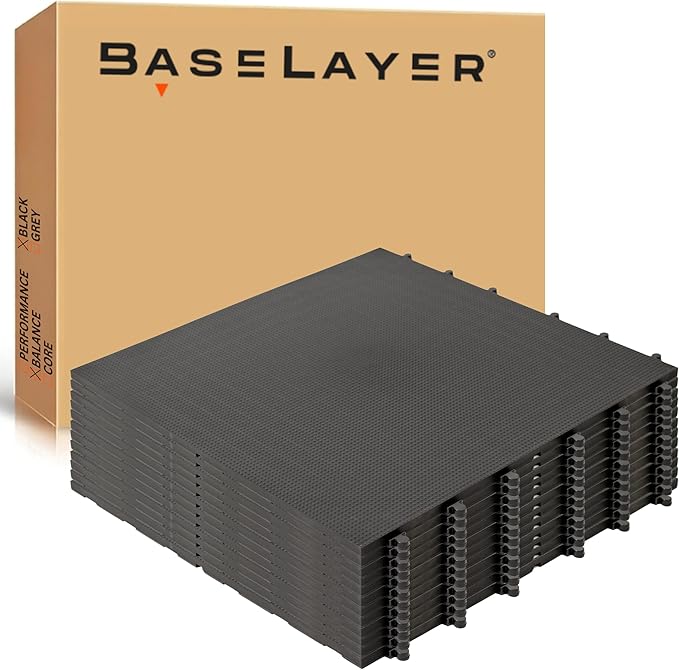 Baselayer Balance Series Interlocking Floor Tiles - Durable ½ in TPE (Rubber Like, NOT Foam, no Odor) - Gym Flooring for Cardio Equipment & Gymnastics - Black, 30 SqFt (12 Pack) - Made in USA