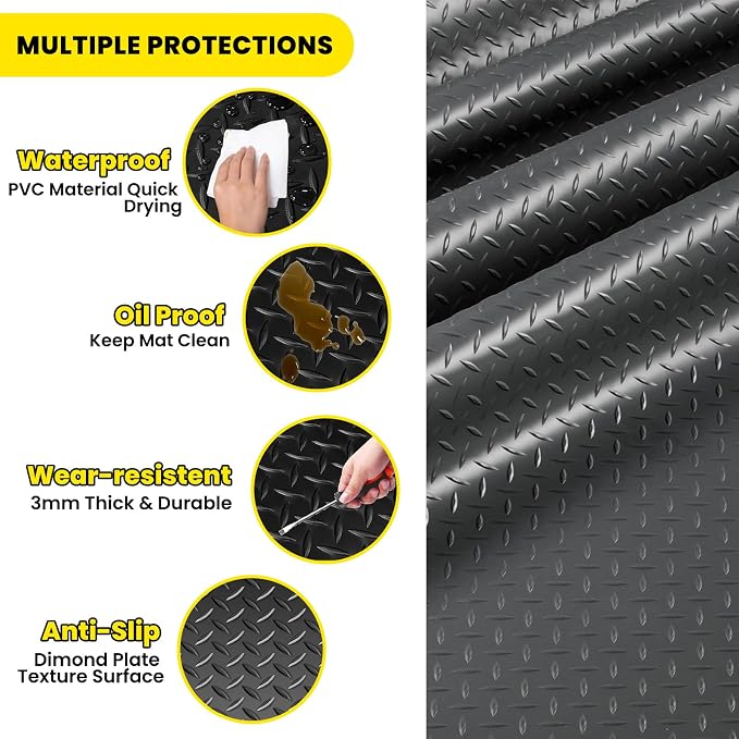 4x10 FT Garage Floor Mat, 2.8mm Thickened (Black) | Diamond Plate PVC Rubber Flooring Roll Covering Non-Slip Floor Protector for Under Car Parking/Garage/Warehouse/Gyms/Trailer