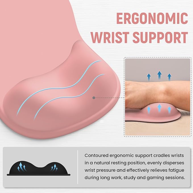 Ergonomic Mouse Pad with Wrist Rest, Gel Wrist Support, Pink | 10.2 x 7.6 in Mouse Pad with Smooth Fabric Surface and Non-Slip Rubber Base for Office, Home, Study, and Gaming
