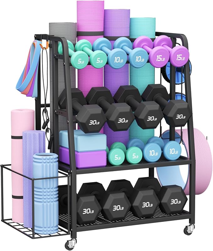 VOPEAK 3-Tier Dumbbell Rack Stand with Wheels, Home Gym Yoga Mat Storage | Stores dumbbells, kettlebells & yoga mats. Lockable wheels for mobility. Sturdy steel frame, easy 15-min assembly