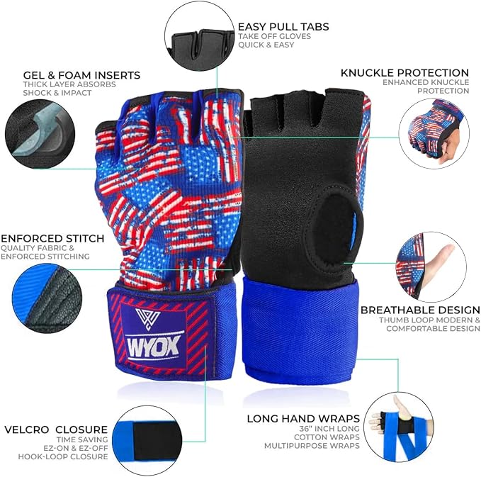 WYOX Neoprene Gel Boxing Hand Wraps Inner Gloves for Men & Women – 80cm/31in Quick Wrist Strap, Padded Knuckle Protection, Fingerless MMA Muay Thai Kickboxing Wraps for Training & Martial Arts