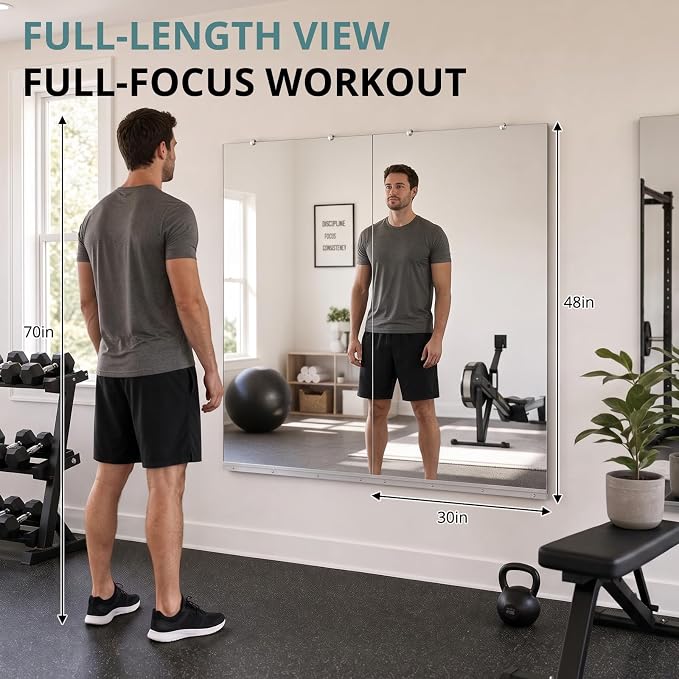 Rovibek 2 Pack Home Gym Mirror, 30x48In Large Workout Mirror for Exercise | Frameless Tempered Glass, Wall-Mounted Gym Mirrors for Home Gym, Garage Gyms, Yoga Rooms and Dance Studios