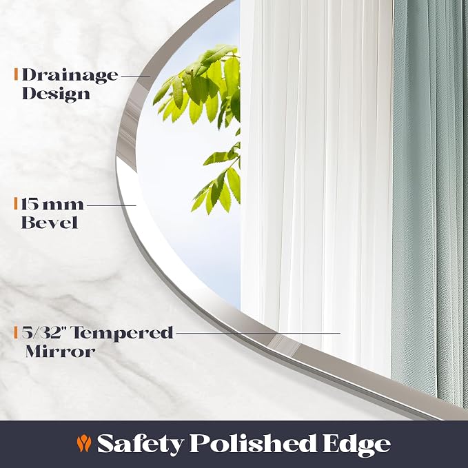 Frameless Bathroom Mirror, 24"x36" Arched Beveled Vanity Mirrors | Arch Wall Mounted Tempered Glass Mirror, Bathroom Mirrors for Over Sink, Hallway, Living Room, Bedroom