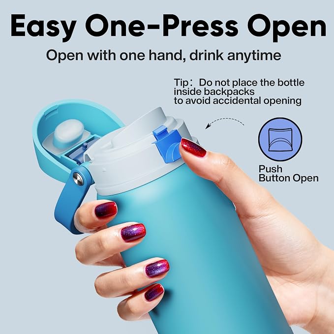Insulated Water Bottle with Straw - Encool Stainless Steel Water Bottle with Push Button Lid, Leak-Proof & BPA-Free, Keeps Cold for 24 Hours for Sports, Travel, Gym (32 oz, Silk Blue)