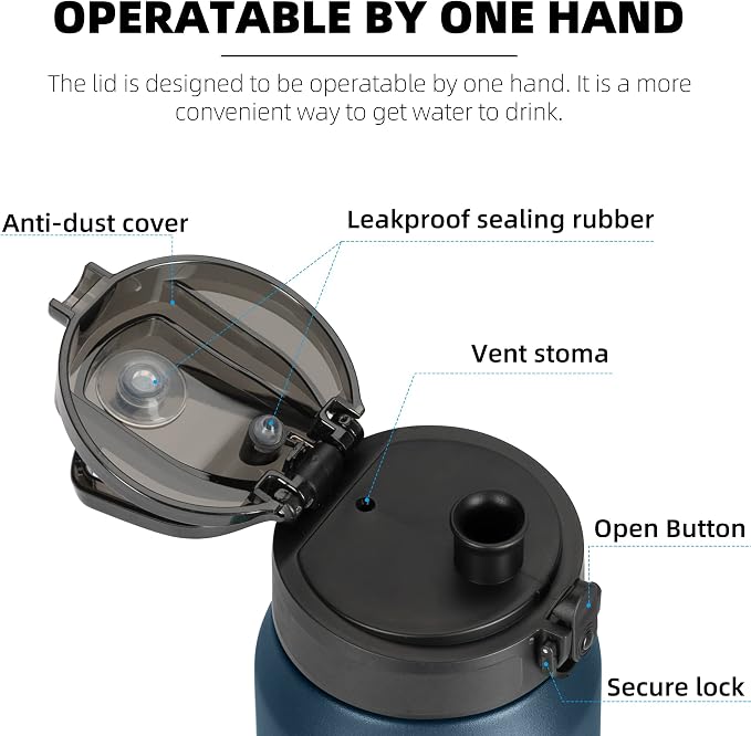 Fanhaw 24 oz Insulated Stainless Steel Water Bottle with Anti-Dust Chug Lid, Leakproof Vacuum Metal Everyday Use Bottle for Kids, Teens & Adults, Back to School Essentials (Navy Blue)