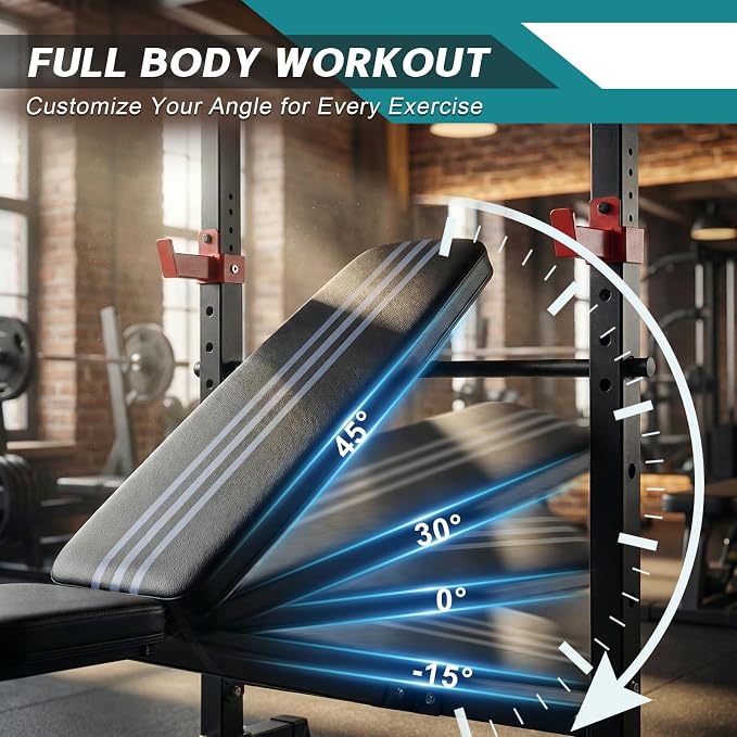 OLIXIS Adjustable Weight Bench Set with Rack, 650 LBS Capacity Heavy Duty Foldable Bench Press Set with Leg Extension Curl, Easy Assembly Strength Training Workout Set for Garage, Home, Gym