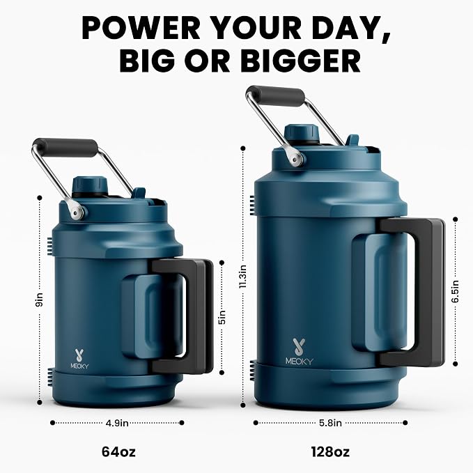 64 oz Insulated Water Bottle for Gym: Meoky Triple Wall Vacuum Stainless Steel Half Gallon Water Jug - Top and Side Handles, 2-in-1 Straw and Spout Lid, Cold for 36 Hrs, Leak Proof for Camping (Denim)