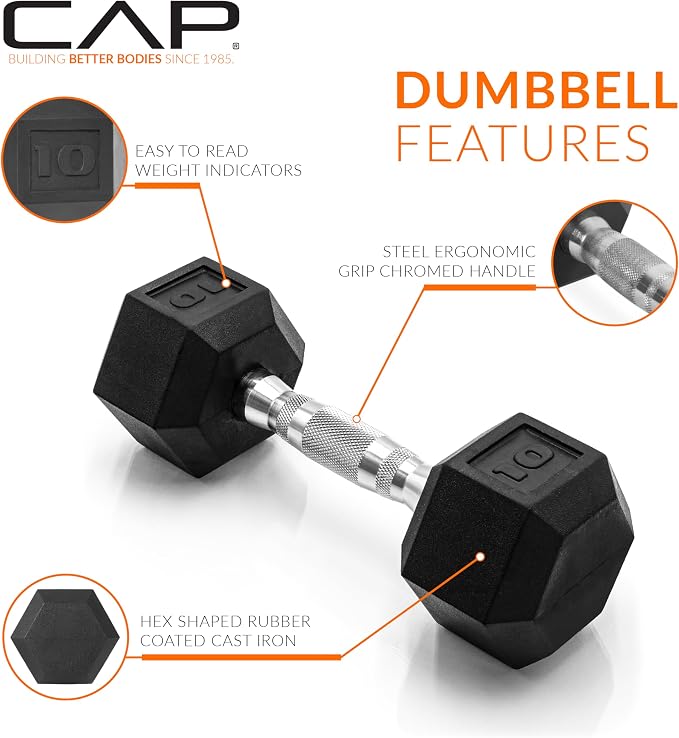 CAP Rubber Coated Dumbbell Weights, Free Weights for Home Gym Strength Training, Anti-Roll Hex Dumbbells with Black, Chrome & Comfort Grip Handles, Singles