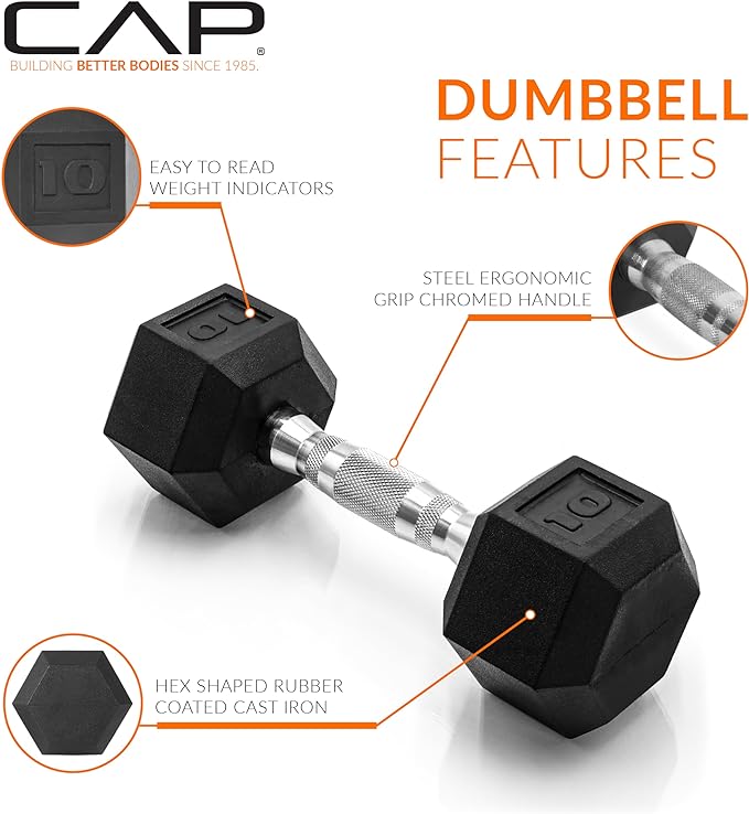CAP Rubber Coated Dumbbell Weights, Free Weights for Home Gym Strength Training, Anti-Roll Hex Dumbbells with Black, Chrome & Comfort Grip Handles, Pairs & Sets