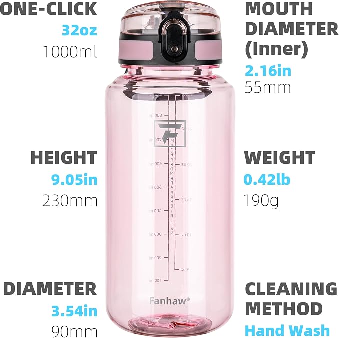 Fanhaw 32 Oz Clear Tritan Water Bottle, BPA-Free & Leak-Proof, Wide Mouth with Anti-dust Chug Lid, Reusable Plastic Bottle for Gym, Travel, School & Office, Back to School Essentials (Cherry Blossom)