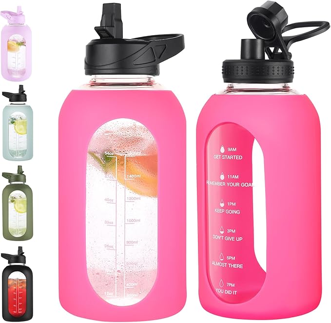 EALGRO 64 oz Glass Water Bottle with Straw, Large Half Gallon Water Jug | Sports Motivational Water Bottle with Time Marker and Silicone Sleeve, Flask Cup with Handle for Travel, Gym, Hot Pink