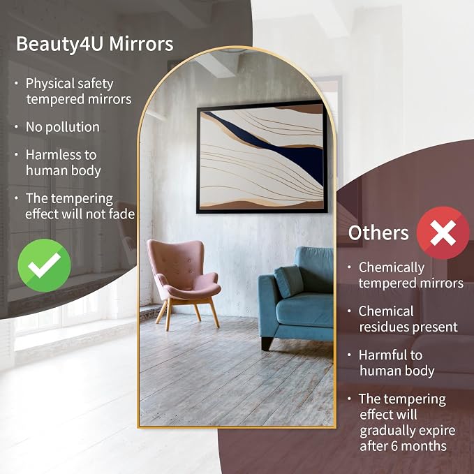 Beauty4U 76" x 37" Arched Full Length Mirror with Stand, Gold Floor Mirror | Large Standing, Leaning, or Wall-Mounted Tempered Full Body Mirror with Metal Frame for Bedroom, Closet, Modern Home Decor