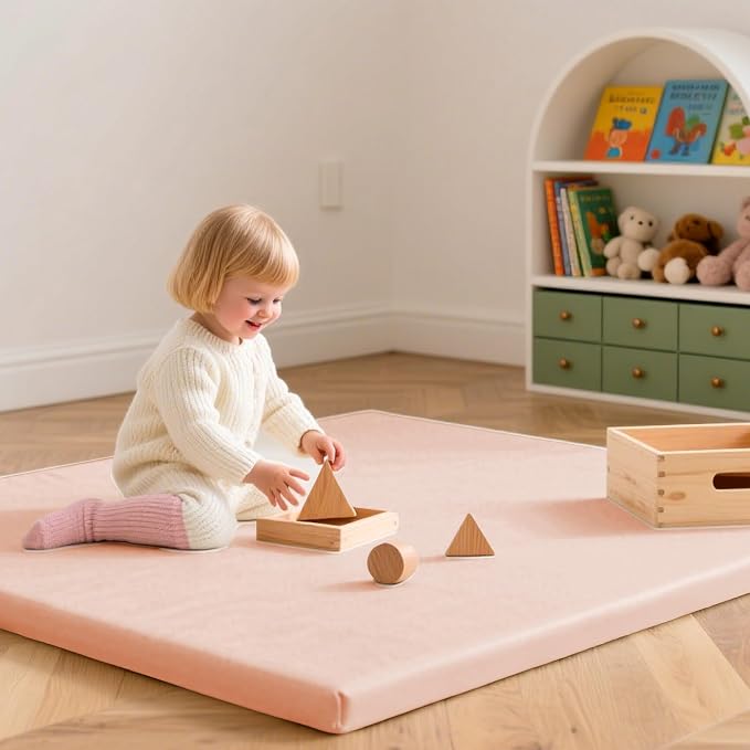 Huloo Sleep Baby Play Mat 47x47 Inches, 1.3" Thick Padded Waterproof Floor Cushion & Playpen Mat with Vegan Leather, Non-Slip & Non-Toxic Nursery Rug for Infants, Toddlers & Kids(Pink)