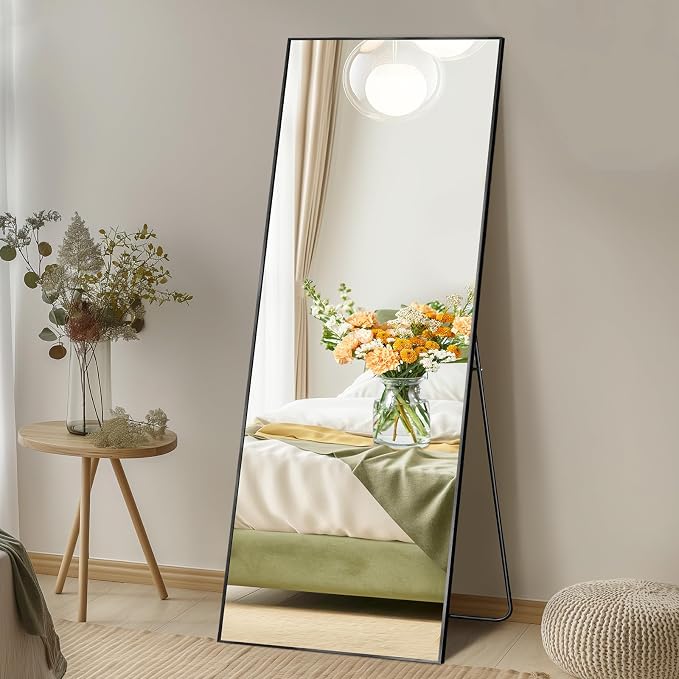 NEWBULIG 56"x15" Full Length Mirror, Full Body Standing Mirror, Black | Leaning or Standing, Tempered Glass, Aluminum Alloy Thin Frame Floor Stand for Bedroom, Cloakroom