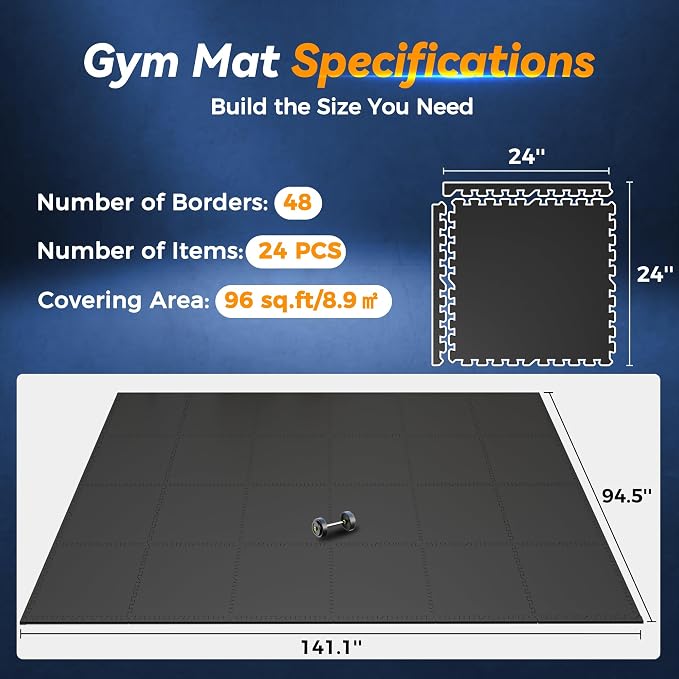 SUPERJARE 1" Extra-Thick Rubber Top Exercise Mat, Puzzle Gym Flooring for Home Gym, Gym Mat for Workout Equipment, Interlocking Floor Tiles with EVA Foam, 24 Pcs 96 Sq Ft, Black