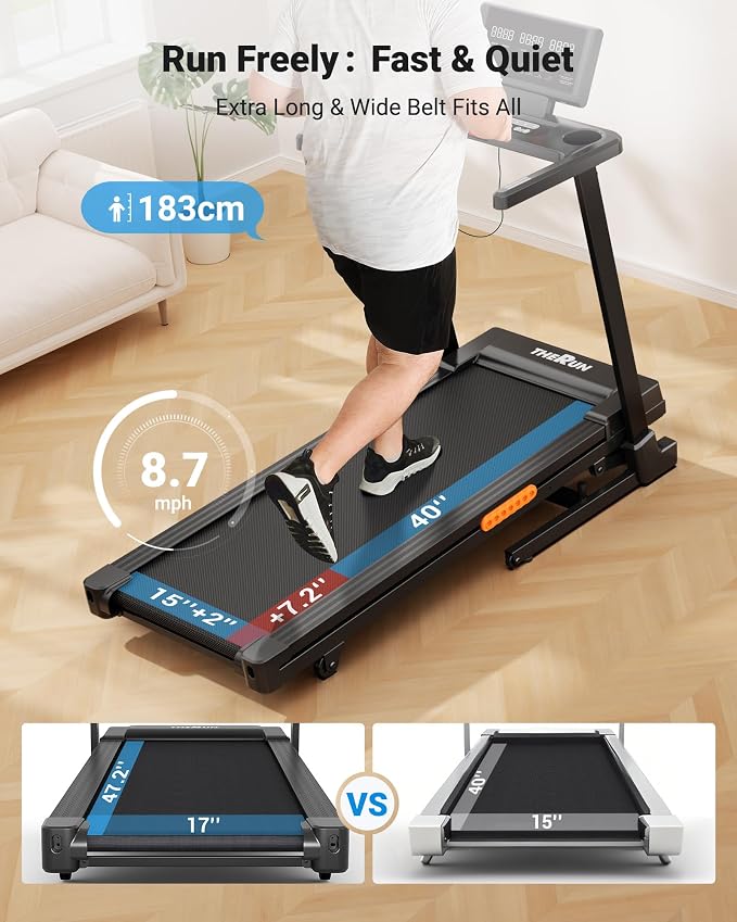 THERUN Incline Treadmill, Treadmill with Incline Brushless Motor Treadmill | 12% auto incline, 8.7MPH, quiet brushless motor, foldable treadmill with cup holder, heart rate monitor, computer holder