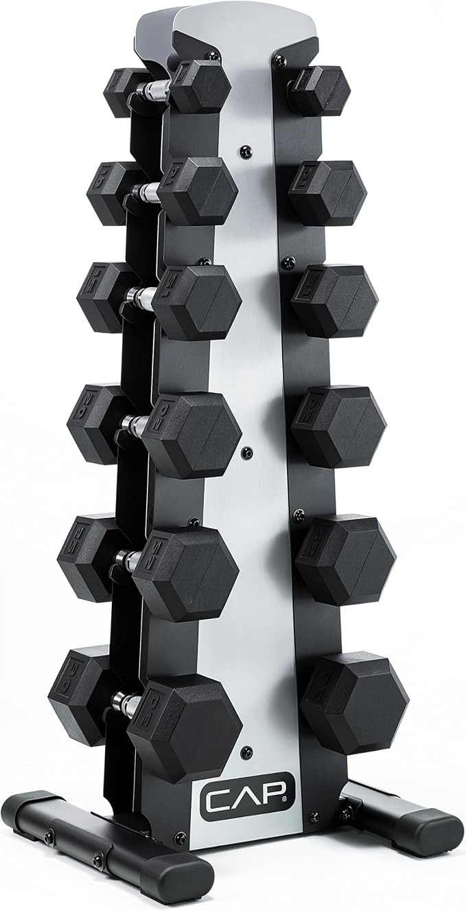 CAP Rubber Coated Hex Dumbbell Set with Storage Rack | 100–210 lb Options, Space-Saving Vertical Compact Storage for Home Gym Strength Training