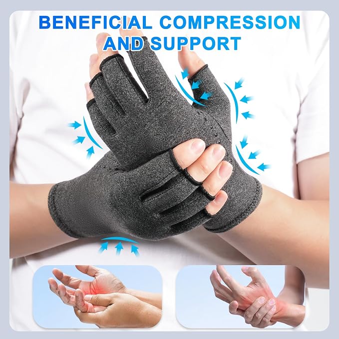 DRNAIETY 2 Pairs Arthritis Compression Gloves- for Hand Arthritis, Carpal Tunnel Pain, Rheumatoid Arthritis, RSI, Fingerless, Anti-Slip, Breathable Gloves for Men & Women, Typing, Daily Use(S, Gray)