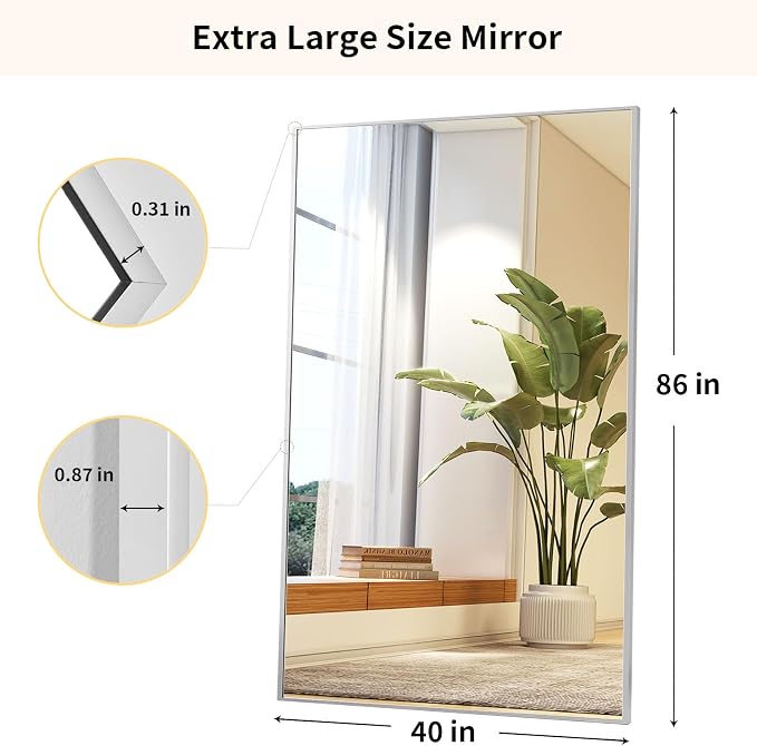 Easly 40"X86" Full Length Mirror with Stand, Silver Large Floor Mirror | Rectangular Full Body Mirror for Bedroom, Living Room or Closet, Wall-Mounted or Freestanding, Aluminum Alloy Frame