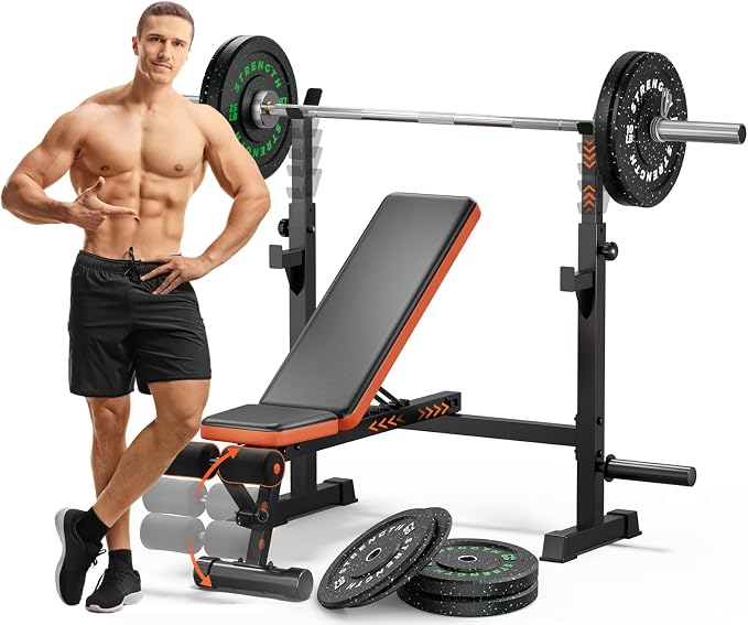 Fostoy Adjustable Weight Bench with Squat Rack & Incline Design | 770LB Heavy Duty, Flat & Incline Positions, Removable Foot Catch, Olympic Bench Press Station, Home Gym Strength Training