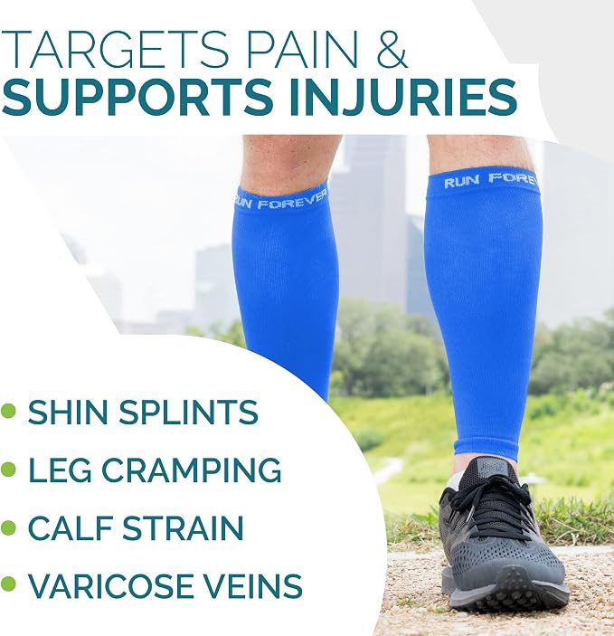Run Forever Calf Compression Sleeve for Men & Women, 20-30mmHg Compression | Leg Sleeve for Shin Splints, Varicose Veins, Swelling & Pain Relief | Footless socks for Running, Cycling & Travel