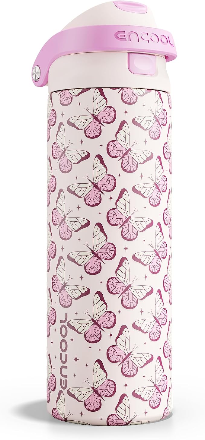 ENCOOL Leakproof Insulated Water Bottle with Straw Dual-Sip Water Bottle Bag-Safe Design for Work, Commute & Gym – Keeps Drinks Cold All Day, 24 oz, Blush Butterfly
