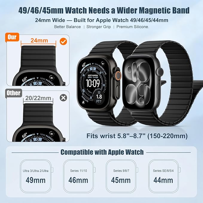 Magnetic Sport Silicone for Apple Watch Ultra 3 2 Band 49mm 46 45 44mm Men | Upgraded Magnet,Two-Tone Design,Waterproof,Soft Loop Strap for iWatch Ultra 3/2 Series 11 10 9 8 7 6 5 4 SE 46mm 45mm 44 49