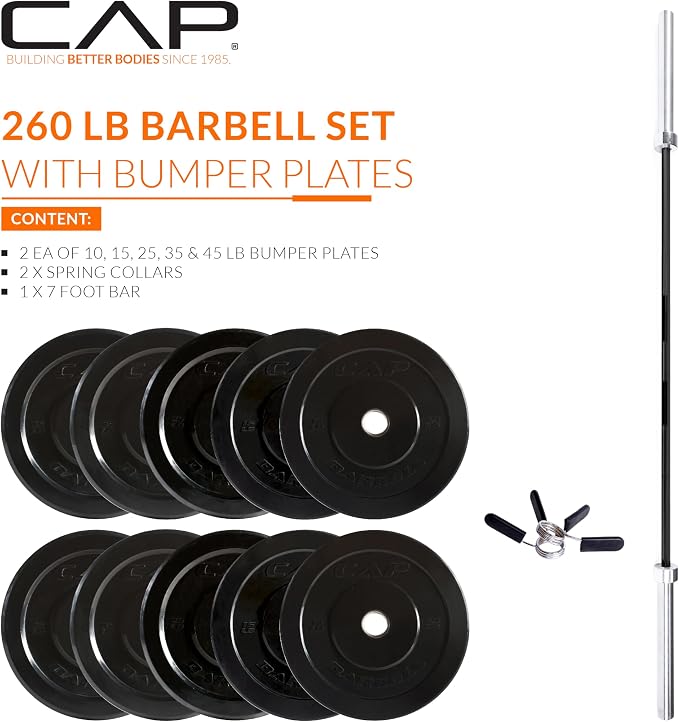 CAP Barbell Olympic Weight Set with 7ft Barbell & Bumper Plates | 160-370 lbs | Multiple Options