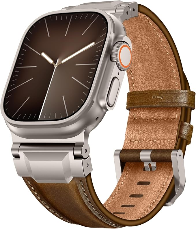 Bands Compatible with Apple Watch Ultra 3/2/1 Band 49/46/45/44mm | Genuine Leather Metal Connector Strap for iWatch Ultra Series 11/10/9/8/7/SE/6/5/4/3/2/1, Retro Walnut/Titanium