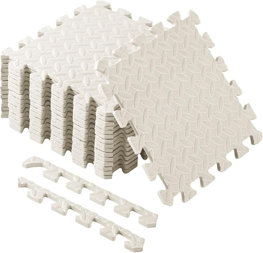 Foam Floor Tiles Foam Floor Mats Play Mats Bulk with Borders Interlocking for Bedroom Gym Nursery(11.8 x 11.8 Inch,Ivory White)