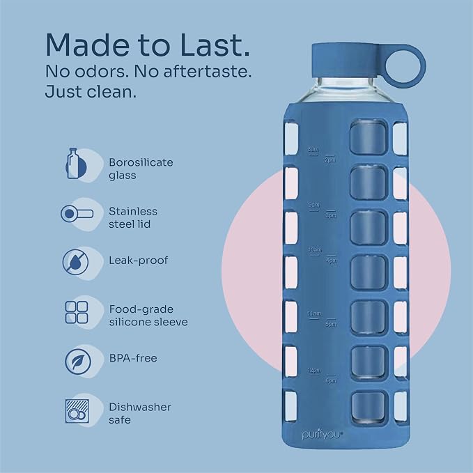 purifyou 40oz / 32oz / 22oz / 12oz Borosilicate Glass Water Bottle with Time & Volume Markers, Silicone Sleeve, Stainless Steel Lid | Reusable Glass Bottle for Water & Juice (40oz Chinese Porcelain)