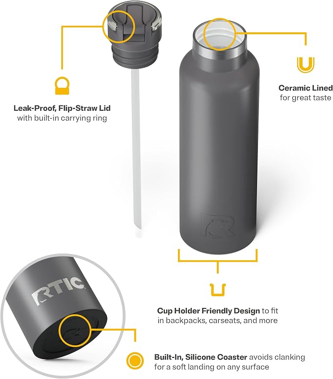 RTIC 20oz Journey Water Bottle, Ceramic Lined, Graphite | Stainless Steel Metal, Insulated for Hot and Cold Drinks, Sports, Travel and Camping