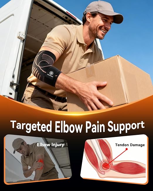 Copper Elbow Compression Sleeve for Tennis Elbow, Tendonitis, Golfers | Medical Elbow Brace with Adjustable Strap, Targeted Support for Weightlifting, Arthritis, Bursitis - Fit for Men & Women
