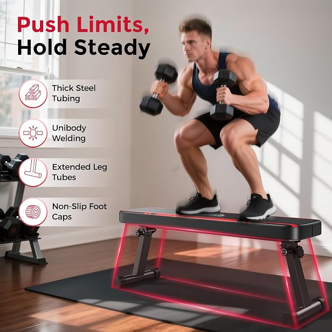 FLYBIRD Foldable Flat Weight Bench for Home Gym, 600/1000 lbs Capacity with Dual Locking for Strength Training, Easy Setup & Storage for Small Apartments, Lifting, Hip Thrust, Dumbbell Workout (B-Red-01)
