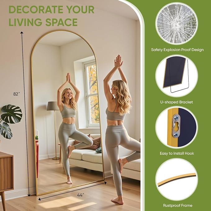 Full Length Mirror 82" L x 44" Full Body Standing Mirror for Bedroom, Living Room, Gym, Dorm - Shatter-Resistant & Easy Assembly, Arched Style Gold