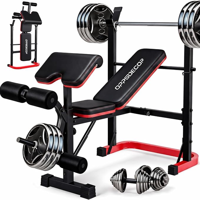 OPPSDECOR Foldable Weight Bench Set with Squat Rack and Preacher Curl Pad | Preacher Curl Bench, Leg Extension and Curl, 660lb Capacit Incline Decline Flat, Foldable Home Gym, For Women Teens Beginners