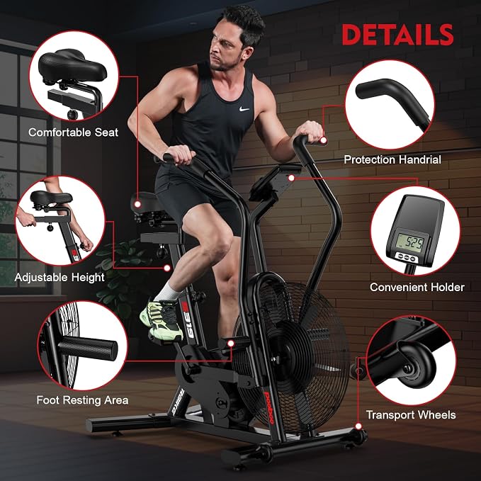 pooboo Air-Resistance Exercise Fan Bike, Air Bike with Dual Acction Handlebars&Dual-Layer Transmission System, Stationary Bike with APP Connection for Home Gym HIIT Cardio Full Body Workout