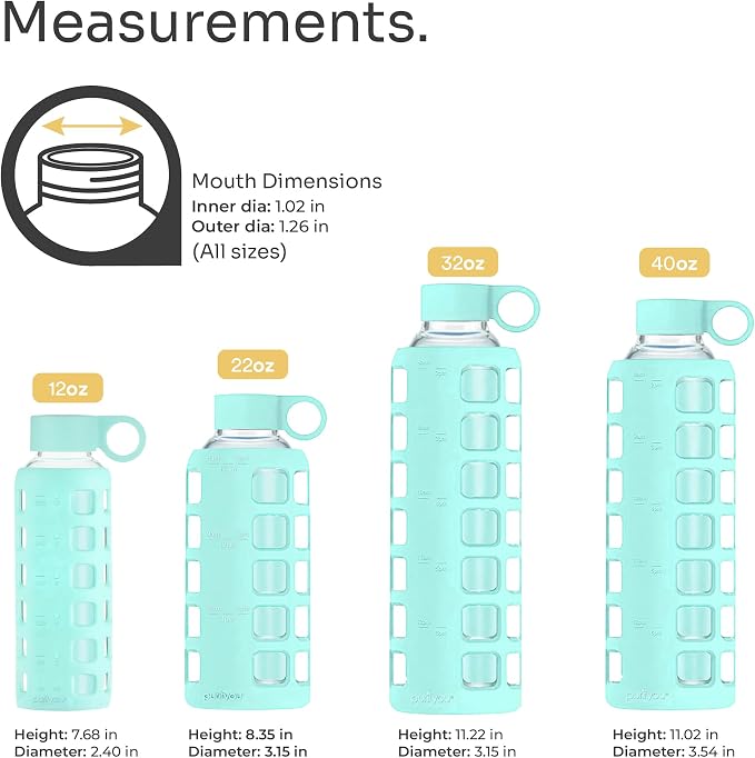 purifyou 40oz / 32oz / 22oz / 12oz Borosilicate Glass Water Bottle with Time & Volume Markers, Silicone Sleeve, Stainless Steel Lid | Reusable Glass Bottle for Water & Juice (12oz Glow-in-the-Dark)